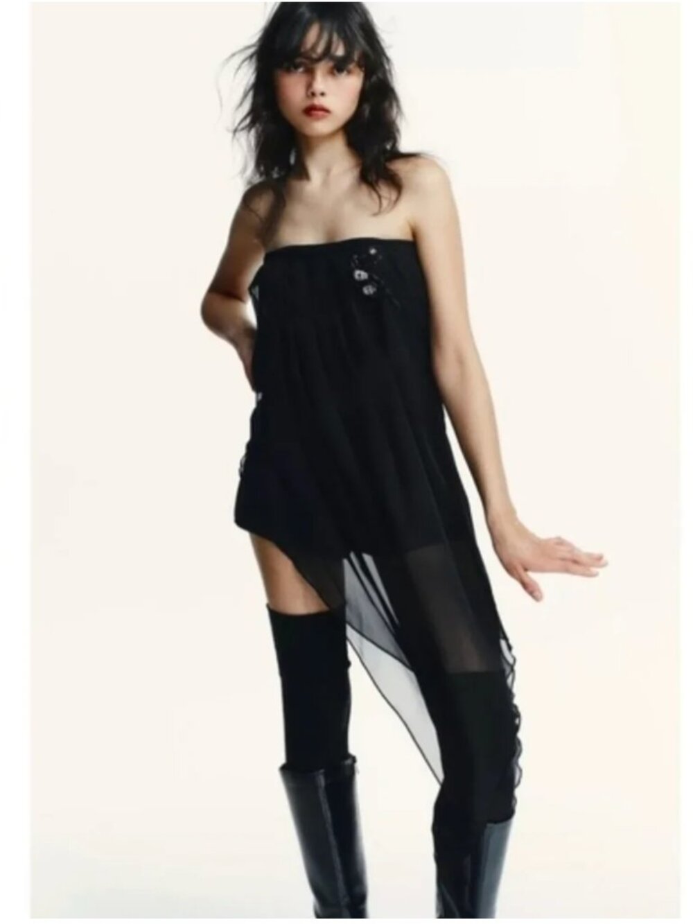 ZARA STRAPLESS LONG SHEER TOP BLACK - M